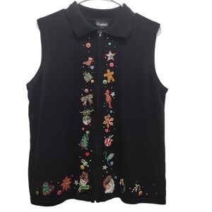 Vintage Christmas Zip-Up Vest Size L Black with Embellished Details Grandmacore